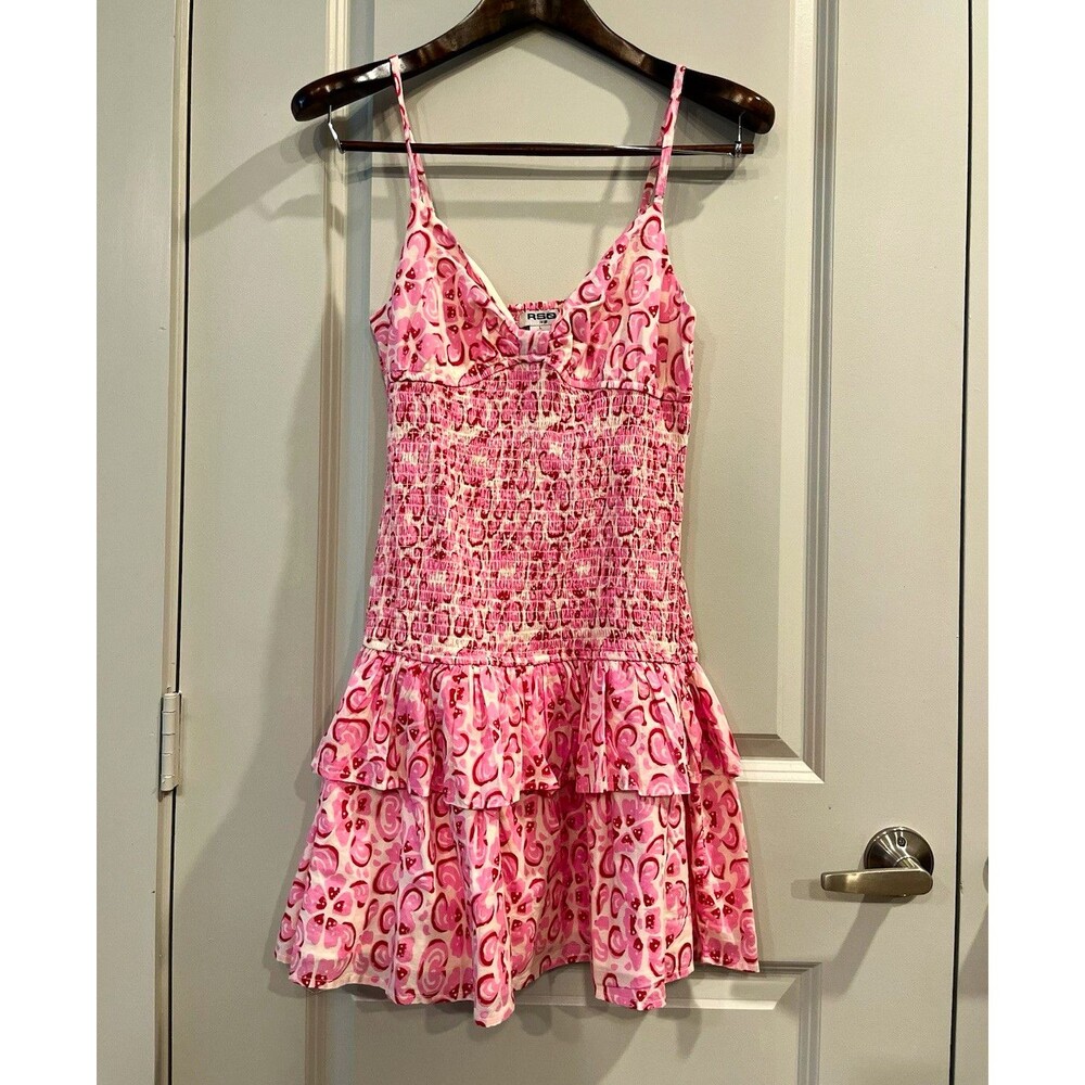 RSQ Pink/White Abstract Smocked Ruffle Hem V-Neck Strappy Sundress L 0110